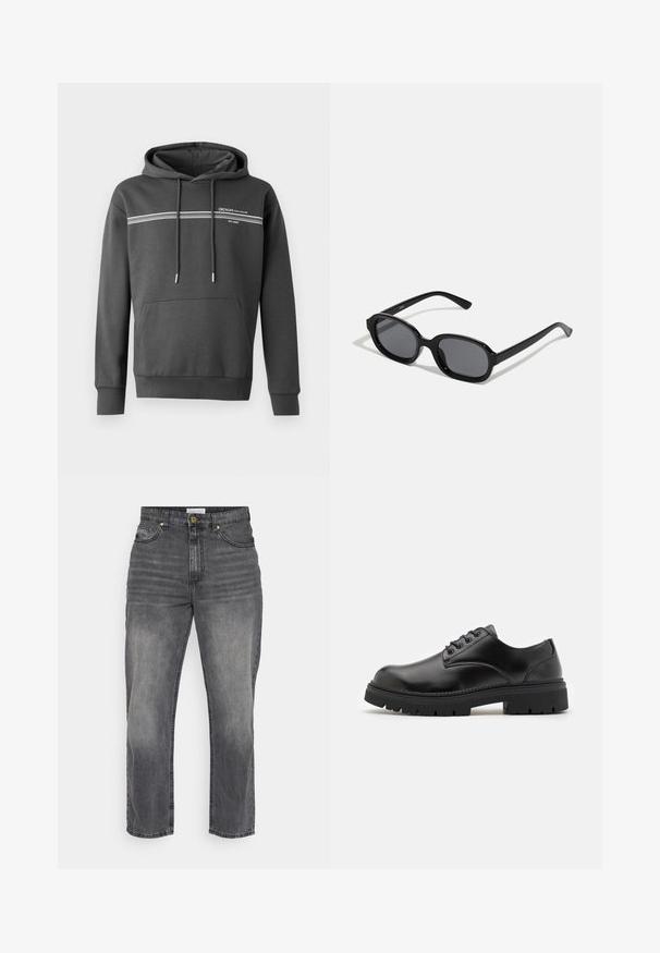 Mørkegrå hoodie lavet af blødt materiale, med hvide vandrette striber, en kængurulomme og justerbar snoretræk i hætten.; Grå denim jeans med lige snitdesign, der har en falmet finish, forlommer og knaplukning. Enkle syninger og kantdetaljer.; Sorte lædersko med rund tå, snørelukning og en tykk, struktureret gummisål. Har syninger langs kanten og en glat overflade.; Zign by Zalando Solbriller - black