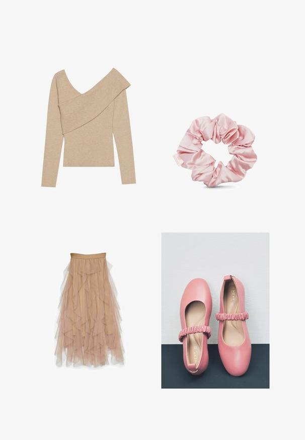 Even&Odd by Zalando Trui - mottled beige; Vero Moda VMEVE High waist Long - Maxirok - light taupe; Roze leren balletflats met een ronde neus, voorzien van een gerimpelde strap over de wreef en een gladde voering aan de binnenkant.; Roze satijnen scrunchie met een gladde textuur, met een gatheringdesign en een klein label met het merklogo. Cirkelvormig voor haarstyling.