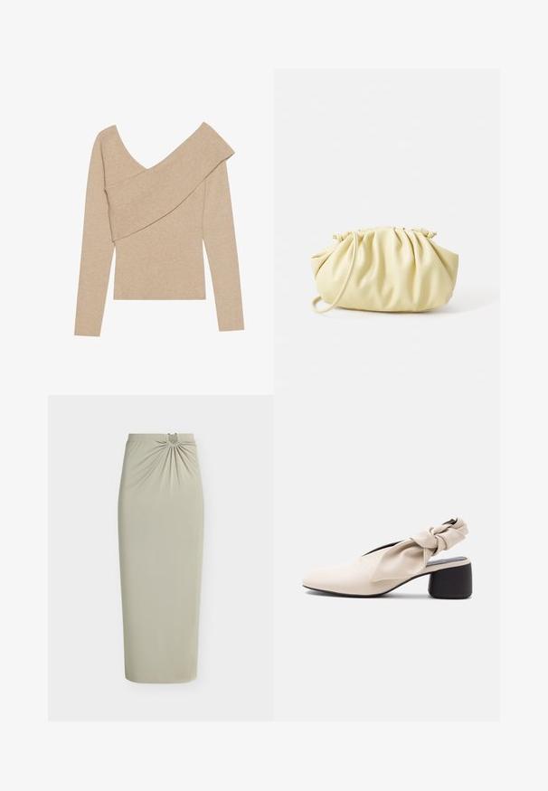 Even&Odd by Zalando Trui - mottled beige; Beige midi-rok met hoge taille en geplooide stofdetail boven in het midden, met een kleine cirkelvormige uitsparing en twee decoratieve gouden kralen.; Beige dames schoen met lage hak, puntige neus en een gedraaide band detail over de wreef en de hiel.; Geel geplooide handtas van soepel nepleer, met een zachte vorm, een enkele schouderriem en een verzameld ontwerp aan de bovenkant.