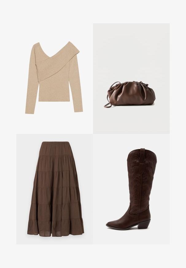 Even&Odd by Zalando Striktrøje - mottled beige; Brun lagdelt maxinederdel med elastisk talje og let, let tekstureret stof.; Høj brun læder cowboystøvle med detaljerede sømme, en spids tå og en blok hæl på en ensartet lys baggrund.; Blød brun læderpung med samlet top og tynd strop, hvilende på hvid baggrund.