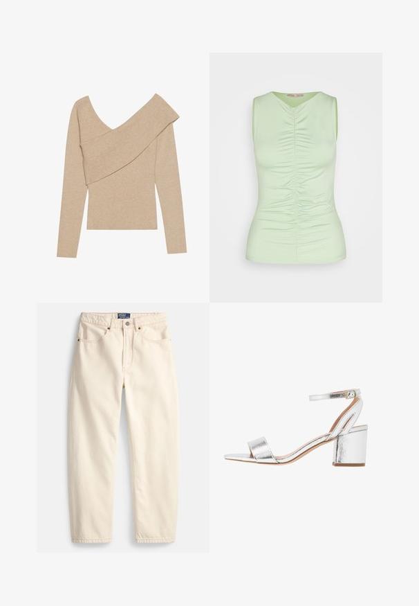 Even&Odd Svetrík - mottled beige; Anna Field Top - light green; Džínsy krémovej farby z denimu, s rovnými nohavicami, prednými vreckami a detailom prešívania. Zapínanie na kovové gombíky a zips.; Strieborná metálická sandála na podpätku s širokým prúžkom na prstoch, pásikom na členku a blokovým podpätkom. Hladká textúra s lesklým povrchom a minimalistickým dizajnom.