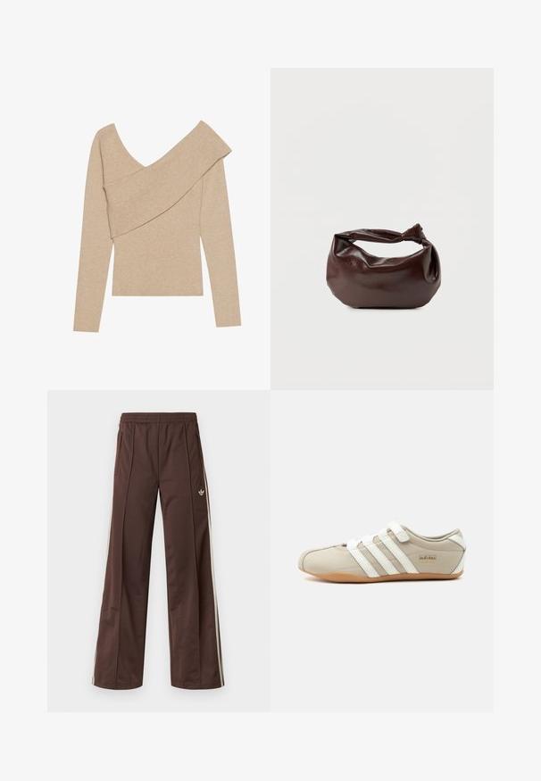 Even&Odd by Zalando Trui - mottled beige; Bruine sportbroek met een wijd uitlopende pijp, witte zijstrepen, een elastische tailleband en twee zijzakken. Heeft een klein logo op het been.; Beige Adidas Tokyo sneaker met witte strepen, klittenbandsluitingen en gumzool, vanuit de zijkant op een effen achtergrond.; Donkerbruine leren schoudertas met een zachte, slungelige vorm en een gedraaide knoopvormige handgreep op een effen witte achtergrond.