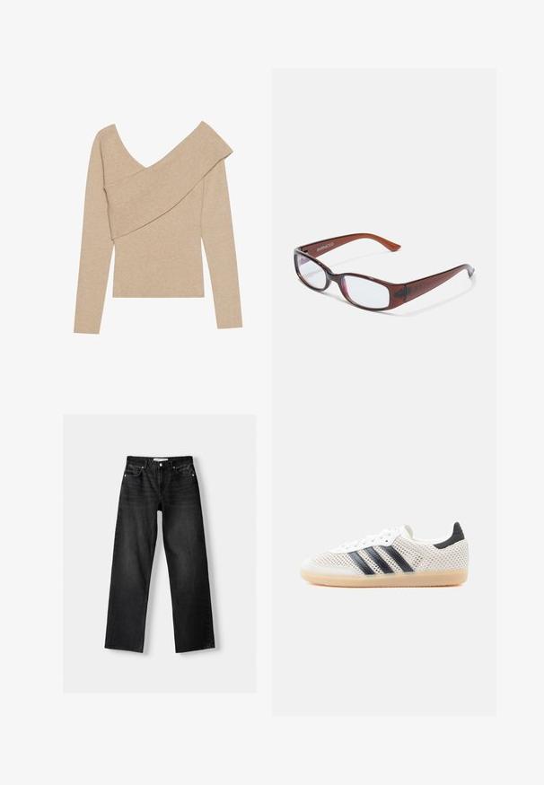 Even&Odd by Zalando Svetrík - mottled beige; Bershka Džínsy s rovným strihom - mottled dark grey; Biele sieťované tenisky s čiernym dizajnom troch pruhov, zaoblenou špičkou a gumovou podrážkou. Majú mäkký opätkový golier a šnurovanie.; Hnedé obdĺžnikové okuliare s lesklým povrchom, s štíhlymi rámami a priehľadnými šošovkami. Logo je viditeľné na ľavom ramene.