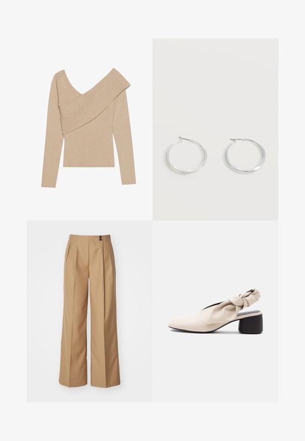 Even&Odd by Zalando Pullover - mottled beige; Pantalons larges en tissu beige, dotés de deux plis devant, d'une taille haute et de deux boutons marron à la ceinture. Texture lisse.; Chaussure beige à talon bas pour femme avec un bout pointu et une sangle torsadée sur le cou-de-pied et le talon.; Boucles d’oreilles créoles en métal argenté avec une surface lisse légèrement incurvée et des fermoirs à clapet sur un fond blanc uni.