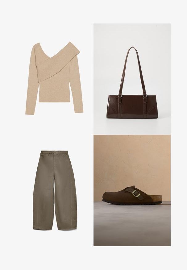 Even&Odd by Zalando Svetrík - mottled beige; Široké nohavice z olivovo zeleného kordurového materiálu, s vysokým pásom, piatimi vreckami a zipsom na zapínanie s kovovým gombíkom.; Hnedá semišová nazúvacia topánka s pleteným remienkom a kovovou prackou, vybavená tvarovanou stielkou a textúrovanou gumovou podrážkou.; Hnedá lakovaná kožená kabelka s obdĺžnikovým tvarom, dvoma dlhými rúčkami a jemne zakrivenými akcentami na prednej strane.