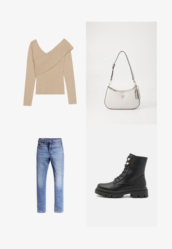 Even&Odd Pullover - mottled beige; Jeans en denim bleu clair avec une coupe droite, cinq poches et des coutures contrastées. Le tissu semble légèrement usé.; Bottes chevilles en cuir noir avec un bout arrondi, un laçage et des œillets décoratifs en rose doré. Semelle en caoutchouc épaisse et robuste avec des crampons.; Sac à main texturé blanc avec une forme incurvée, des finitions dorées, une bandoulière amovible et un accent de logo. Comprend une étiquette porte-clés avec la marque.