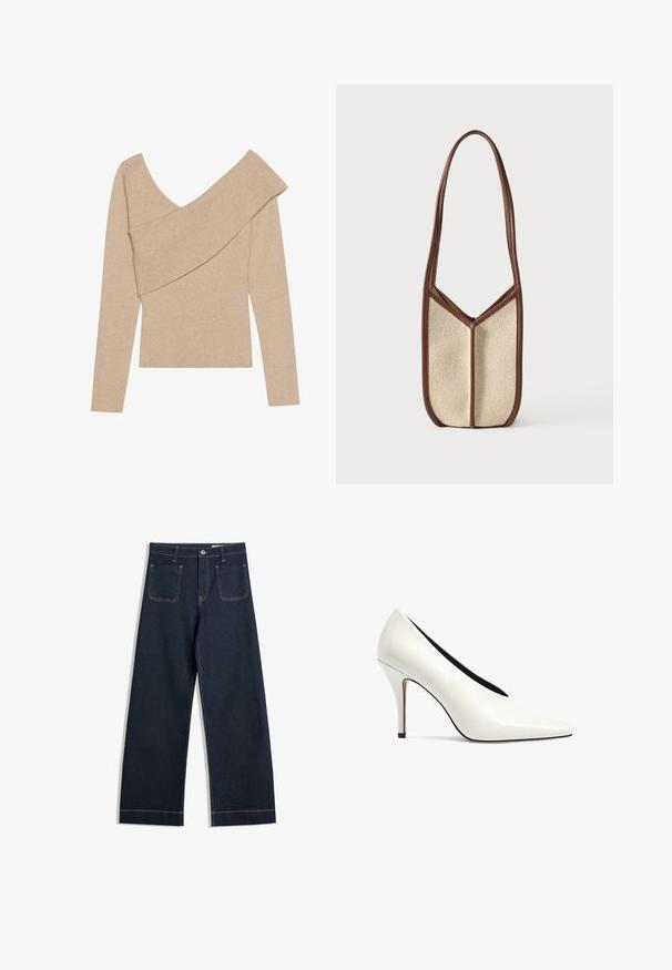 Even&Odd Pullover - mottled beige; Jean large en denim bleu foncé avec des coutures contrastantes beiges, deux poches arrière et une fermeture à boutons à la taille.; Escarpin blanc à bout pointu avec un talon aiguille fin et une finition en cuir lisse.; Sac à bandoulière beige texturé avec garniture en cuir marron foncé et longue sangle, debout sur un fond clair uni.