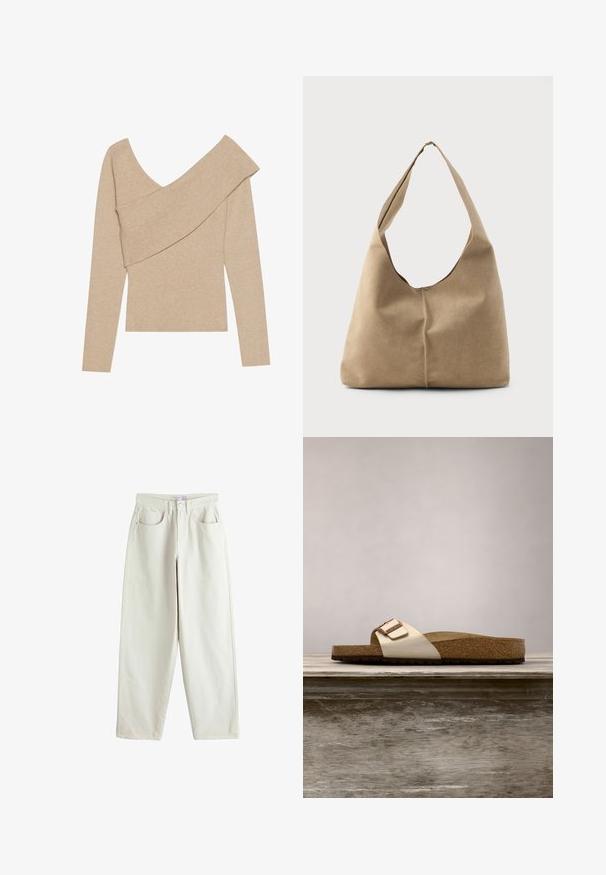 Even&Odd by Zalando Striktrøje - mottled beige; Cremefarvede jeans med høj talje og lige ben, forlommer, bæltestropper samt lukning med knap og lynlås.; Sandal med slide-design, der har en let metallisk overdel, korkfodbed og tekstureret brun gummisål. Spænde detalje med logoaccent.; Hobo taske i blød beige ruskind med en afslappet form, bred skulderrem og håndsyet sømdetalje langs fronten.
