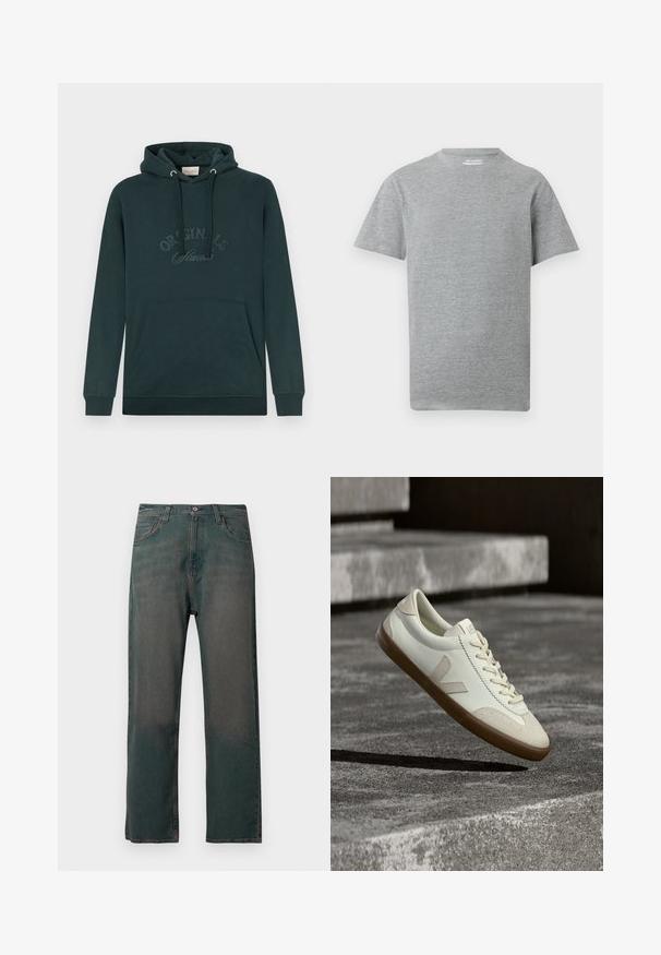 Haut à capuche vert foncé avec une poche avant, capuche avec cordon de serrage réglable et texte en relief "Originals" sur la poitrine. Tissu doux, poignets côtelés.; T-shirt gris uni à manches courtes et col rond avec une petite étiquette blanche "ONLY & SONS" à l'intérieur du col.; Jean en denim vert foncé avec une coupe droite, doté d'un design classique à cinq poches et de coutures contrastantes le long des coutures.; Baskets en cuir blanc avec semelle en caoutchouc beige, lacets plats et accent en forme de V sur le côté. Présentent une surface lisse et peu de détails de couture.