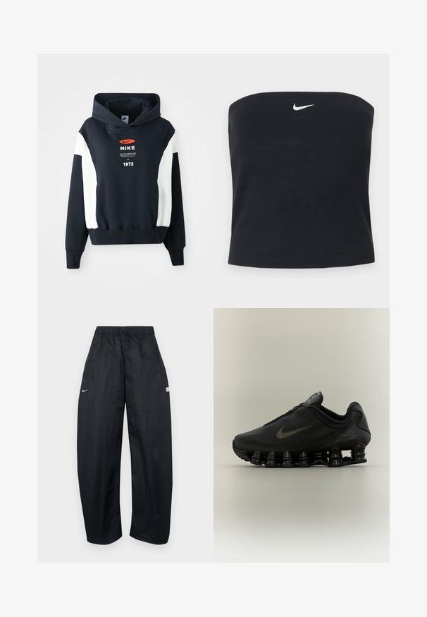 Marineblaue Kapuzenjacke mit weißen Akzenten an den Ärmeln, ausgestattet mit einem Frontlogo, Text und dem Jahr "1972" in Weiß. Weicher Stoff, Design mit Kängurutasche.; Schwarzes, trägerloses Nike Tube-Top mit weißem Swoosh-Logo, mittig nahe dem oberen Rand, einfarbiger Hintergrund.; Schwarze, locker sitzende Trainingshose aus leichtem Material. Verfügt über einen elastischen Bund, verstellbaren Kordelzug und Logoakzente.; Schwarzer Nike-Sneaker mit einem Reißverschluss am Obermaterial und markanter federähnlich segmentierter Sohle, im Seitenprofil vor neutralem Hintergrund dargestellt.