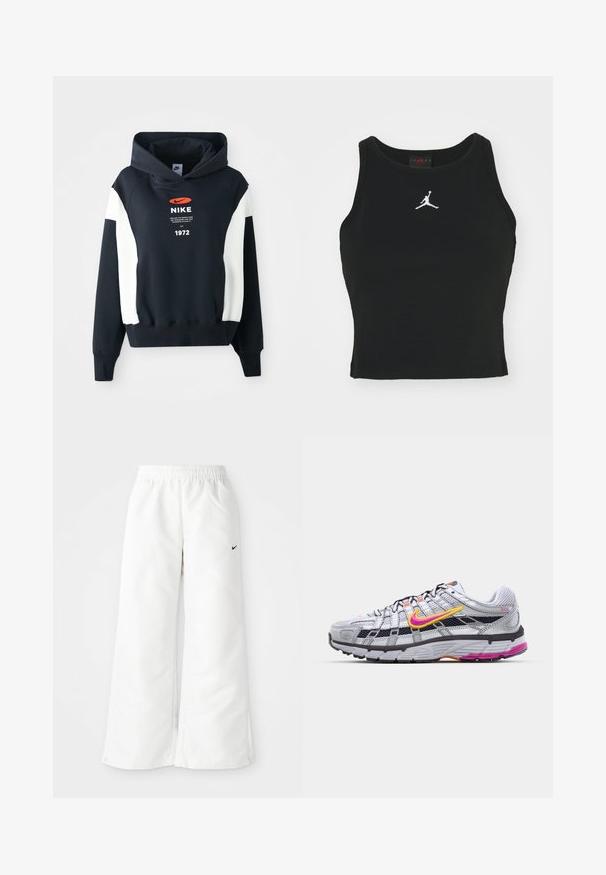 Marineblaue Kapuzenjacke mit weißen Akzenten an den Ärmeln, ausgestattet mit einem Frontlogo, Text und dem Jahr "1972" in Weiß. Weicher Stoff, Design mit Kängurutasche.; Schwarzes, figurbetontes Tanktop aus Baumwolle, mit rundem Halsausschnitt und einem weißen Jordan-Logo, das in der Mitte auf der Vorderseite gestickt ist. Glatte Textur.; Weiße Sporthose mit weitem Bein, elastischem Bund und kleinem schwarzen Nike-Logo auf der linken Seite. Glattes, leichtes Material.; Graunetz-Laufschuh mit einem auffälligen pinken und gelben Swoosh, schwarzen Akzenten und einer strukturierten Gummisohle. Verfügt über eine verstärkte Zehenpartie und einen gepolsterten Kragen.