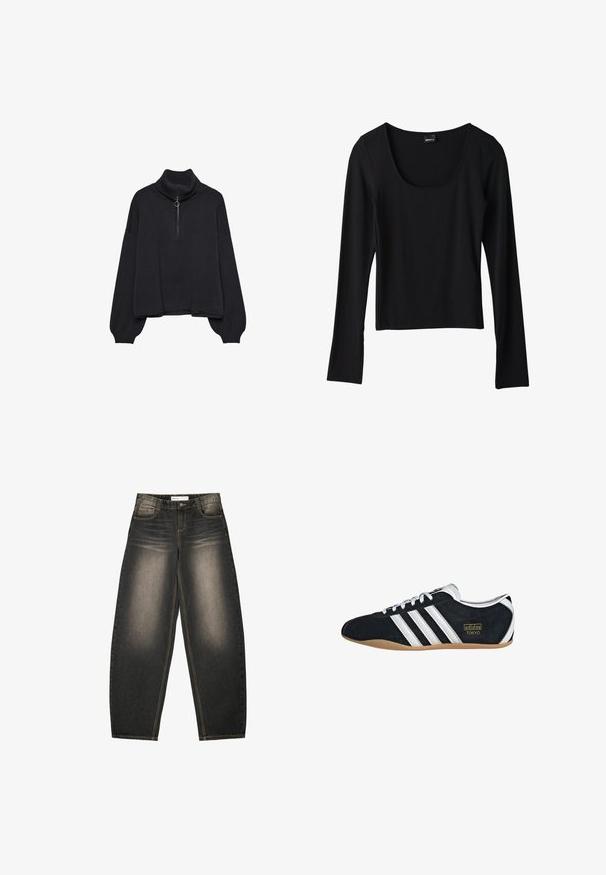 Sort højhalset sweater med halv lynlås foran, oversized ærmer og blød tekstur. Har ribbet krave og kant. Minimalistisk design.; Sort langærmet top med rund halsudskæring, letvægtsstof, tætsiddende pasform og lige kant, med en glat tekstur.; Grå denim bredbenede jeans med let lysning, fem lommer, kontraststing og en afslappet pasform. Ingen synlige mønstre eller udsmykninger.; Sort ruskinds sneaker med hvide tre striber, guldlogo og en brun gummisål. Har et lavprofil snørebåndsdesign.