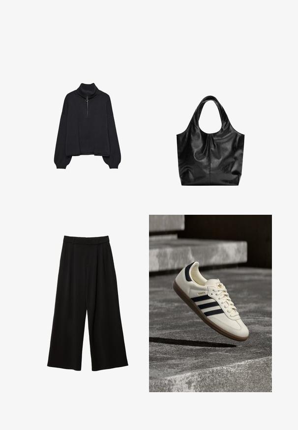 Sort højhalset sweater med halv lynlås foran, oversized ærmer og blød tekstur. Har ribbet krave og kant. Minimalistisk design.; Sorte bukser med vidde ben, høj talje, forreste folder, bæltestropper og en afslappet pasform.; Hvid Adidas Samba sneaker med sorte striber og gummsål, svævende over teksturerede grå betonstrin.; Sort læder tote taske med en glat overflade, en blød, afrundet top og brede håndtag. Har minimal syning og en afslappet silhuet.