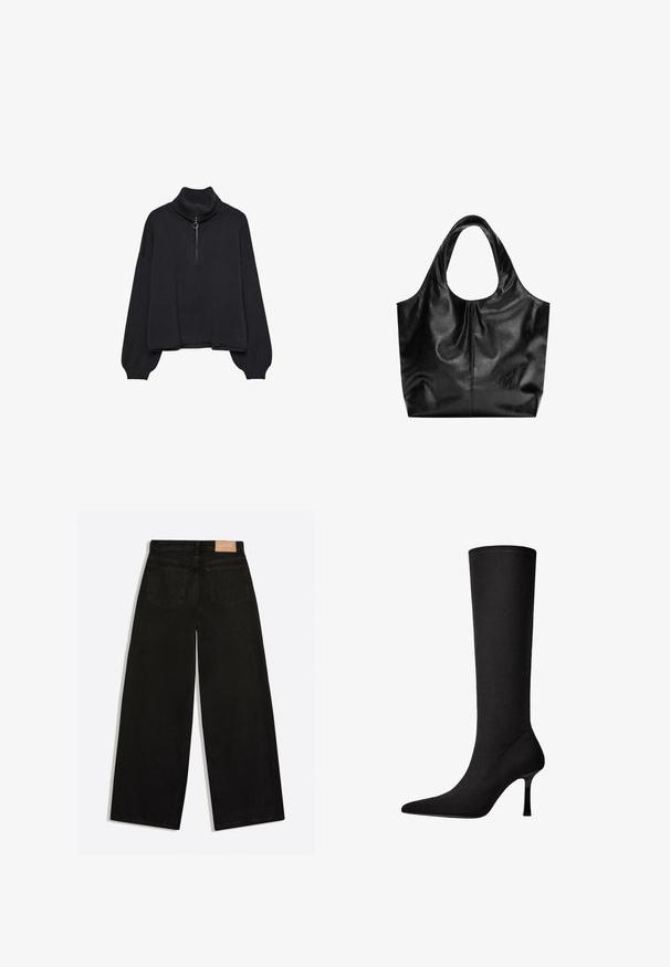 Sort højhalset sweater med halv lynlås foran, oversized ærmer og blød tekstur. Har ribbet krave og kant. Minimalistisk design.; Sorte vidde jeans set bagfra med to baglommer og en brun lædermærke på linningen.; Sort knæhøj støvle lavet af et glat stof med spids tå og tynd stilettohæl. Har minimal syning og et strømlinet design.; Sort læder tote taske med en glat overflade, en blød, afrundet top og brede håndtag. Har minimal syning og en afslappet silhuet.