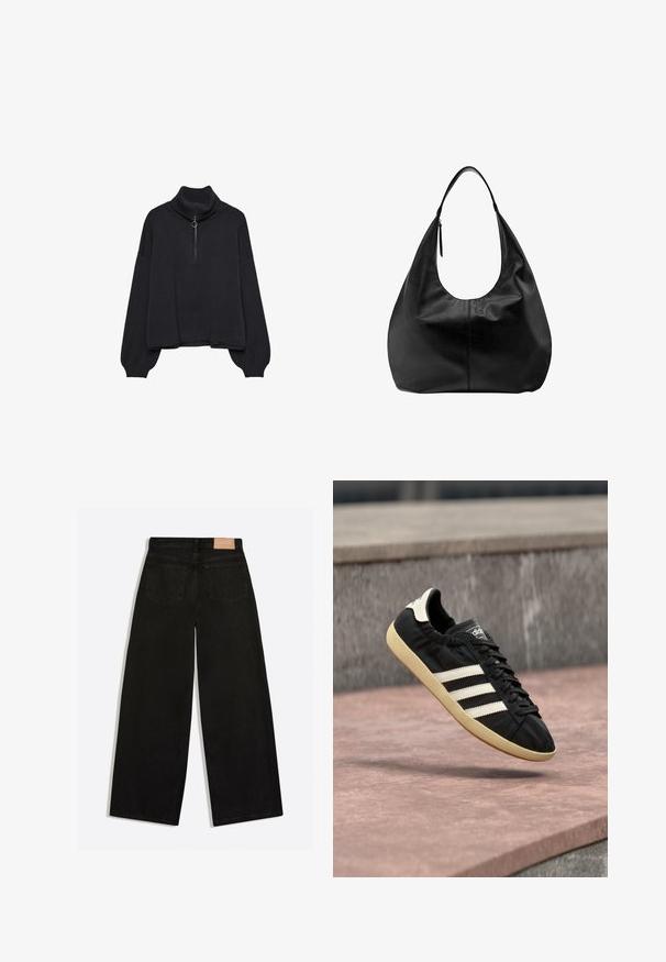 Pull à col roulé noir avec un zip demi-longueur à l'avant, manches surdimensionnées et texture douce. Il présente un col et un ourlet côtelés. Design minimaliste.; Jean noir à jambes larges vu de dos, avec deux poches arrière et un patch de marque en cuir marron à la ceinture.; Baskets Adidas noires avec des bandes blanches et une semelle beige, capturées en plein air au-dessus d'une surface en pierre et d'un mur en pierre en arrière-plan.; Sac à main hobo décontracté en cuir noir avec une seule bandoulière large et un détail de tirette de fermeture éclair sur fond blanc uni.