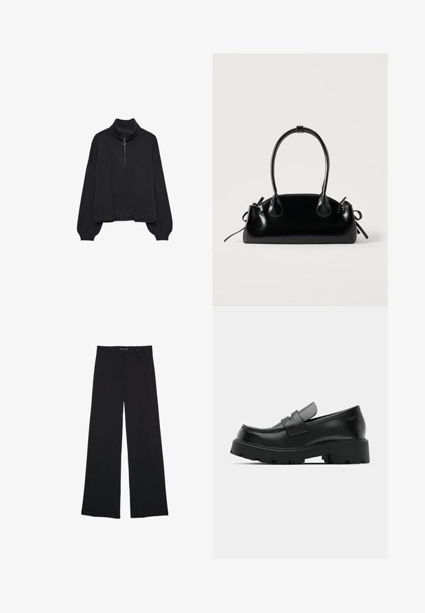 Sort højhalset sweater med halv lynlås foran, oversized ærmer og blød tekstur. Har ribbet krave og kant. Minimalistisk design.; Sorte bukser med vide ben, bæltestropper, knaplukning foran og lynlås, lagt fladt på en hvid baggrund.; Sorte læder loafers med en chunky tekstureret sål, der har en rem over vamps og en glat, poleret finish.; Lille sort blank håndtaske med to lange håndtag og snøre-detaljer i siden på en ensfarvet lys baggrund.