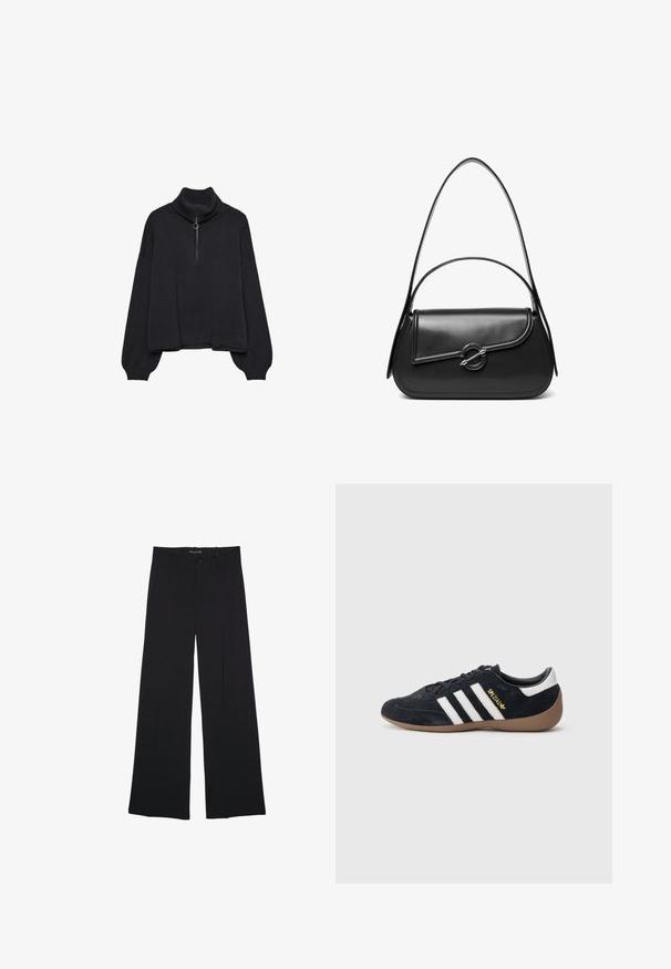 Sort højhalset sweater med halv lynlås foran, oversized ærmer og blød tekstur. Har ribbet krave og kant. Minimalistisk design.; Sorte bukser med vide ben, bæltestropper, knaplukning foran og lynlås, lagt fladt på en hvid baggrund.; Sort ruskindssneaker med tre hvide striber, gummisål og et lille gyldent logo på siden. Har en glat sort foring indvendigt.; Sort skuldertaske i læder med en buet klap, der er fastgjort med en rund metal spænde, og en slank, justerbar rem.