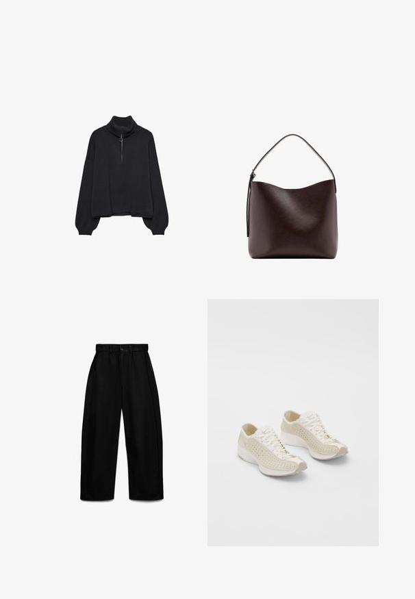 Sort højhalset sweater med halv lynlås foran, oversized ærmer og blød tekstur. Har ribbet krave og kant. Minimalistisk design.; Sorte bukser med brede ben, elastisk taljebånd, knap- og lynlås lukning samt sidelommer, vist mod en hvid baggrund.; Lyse beige atletik sko lavet af perforeret materiale. Har cremede snørebånd, rund tå og en struktureret gummisål med subtile accenter.; Mørkebrun læderhåndtaske med et enkelt buet topgreb og en glat, usmykket overflade mod en hvid baggrund.