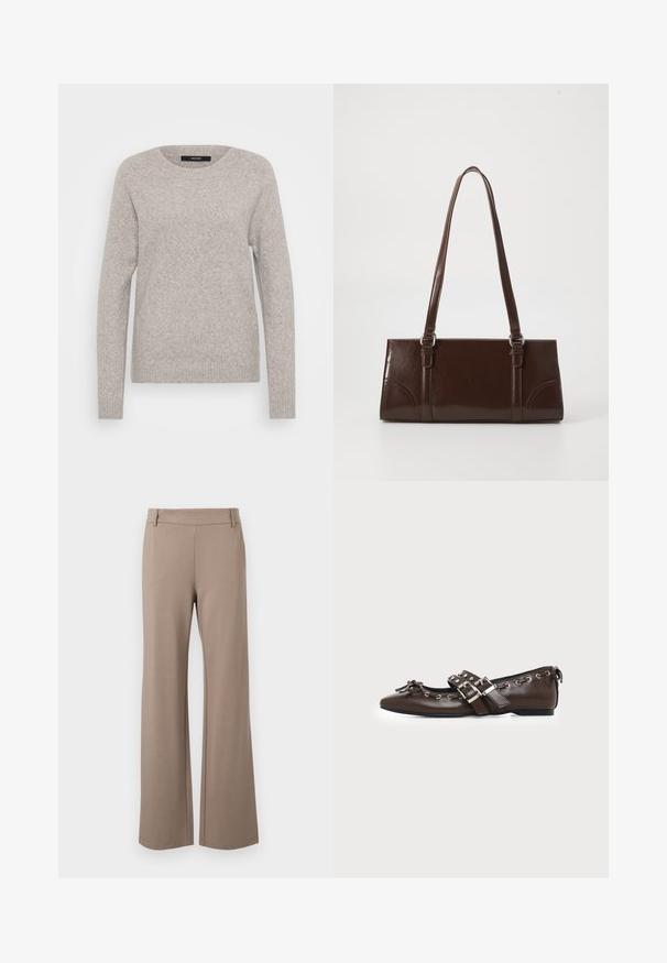 Pull gris clair en maille douce. Il présente un col rond et des manches longues avec des côtes aux poignets et à l'ourlet. Design simple.; Pantalons larges marron en tissu doux, avec une texture lisse, une taille plate et sans motifs ni détails matériels visibles.; Chaussure plate en cuir marron foncé avec bout pointu, doubles brides à boucles argentées, œillets métalliques et nœud décoratif à l'avant.; Sac à main en cuir verni marron de forme rectangulaire, avec deux longues poignées et des accents courbés subtils à l'avant.