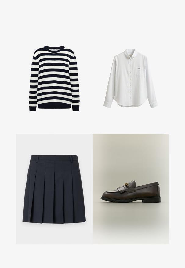Stribet sweater i marineblå og hvid, lavet af blødt materiale, med rund hals og ribstrikkede manchetter og kant.; Hvid skjorte med lange ærmer og knapper foran med en lomme foran med et lille broderet logo og krave med knapper.; Mørkeblå plisseret nederdel med flad linning, lavet af glat stof. Har flere lodrette plisser og et skræddersyet design.; Mørkebrun læderloafer med frynser og guldbeslag på sort sål, vist fra siden på en neutral baggrund.