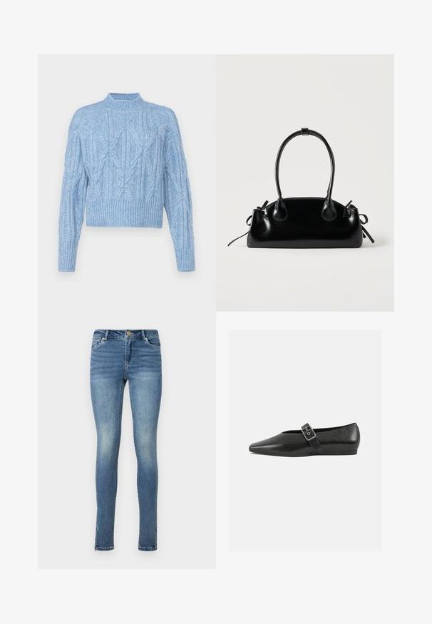 Vero Moda Petite VMBAILY HIGHNECK - Pullover - allure; Jean skinny en denim bleu, avec un délavage, un design à cinq poches, un bouton en métal et un accent zippé à l'ourlet.; Chaussure plate en cuir noir avec un orteil pointu, présentant une sangle à boucle métallique sur le cou-de-pied et une semelle basse et flexible.; Petit sac à main noir brillant avec deux longues anses et des détails à cordon sur les côtés sur un fond clair uni.