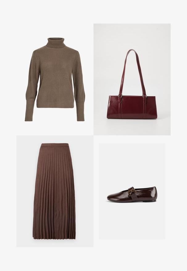 Brun ribbet strikket sweater med høj krave og tætsiddende ærmer, der har en tekstureret overflade og en afslappet pasform.; Brun plisseret midi-nederdel lavet af tekstureret stof, med en tætsiddende talje og lodrette plisseringer, der strækker sig fra talje til søm.; Mørkebrun laklædersko med stor guldlås og rund tå, vist i sideprofil på hvid baggrund.; Bordeaux håndtaske lavet af glansfuldt materiale, rektangulær form, med to skulderremme og subtile buede detaljer på forsiden.
