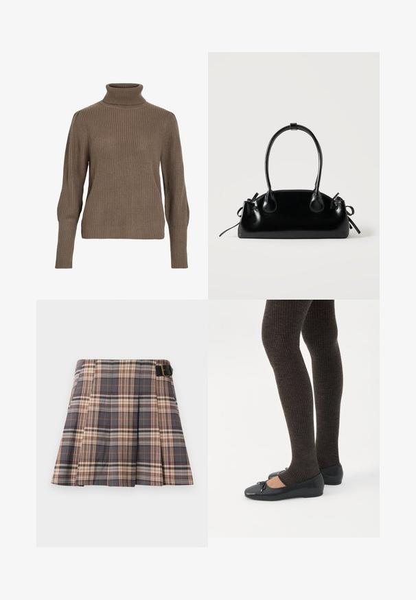Brun ribbet strikket sweater med høj krave og tætsiddende ærmer, der har en tekstureret overflade og en afslappet pasform.; Rutig nederdel i grå, beige og rustfarver; har plisseringer, en spænde detalje og et struktureret design. Fremstillet af et vævet stof.; Ben iført mørke ribbede leggings kombineret med sorte balletsko med små sløjfedetaljer på hvid baggrund.; Lille sort blank håndtaske med to lange håndtag og snøre-detaljer i siden på en ensfarvet lys baggrund.