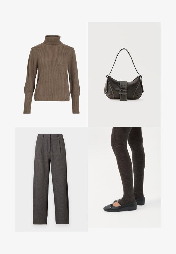 Brun ribbet strikket sweater med høj krave og tætsiddende ærmer, der har en tekstureret overflade og en afslappet pasform.; Mørkegrå højtaljede vide bukser med bæltestropper, foran plisseringer og skjult for lynlås.; Ben iført mørke ribbede leggings kombineret med sorte balletsko med små sløjfedetaljer på hvid baggrund.; Sort læder skuldertaske med spænde på remmen, afrundede kanter og kontrasterende hvide syninger på en ensfarvet baggrund.