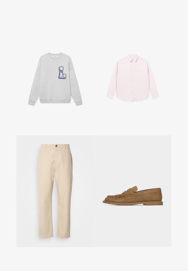 Grijze sweatshirt gemaakt van een katoenmix, met een groot marineblauw geborduurd "L" logo op de borst en geribbelde manchetten en onderkant.; Lichtroze blouse met lange mouwen, kraag, knopen aan de voorkant en een subtiel geborduurd logo bij de zoom.; Beige katoenen broek met rechte benen, een sluiting met een voorste knoop, zijzakken en een soepele textuur. Minimalistisch ontwerp, zonder zichtbare patronen.; Bruine suède loafer met een platte zool, gestikte voorkantdetails en een band over de bovenzijde, afgebeeld tegen een effen achtergrond.
