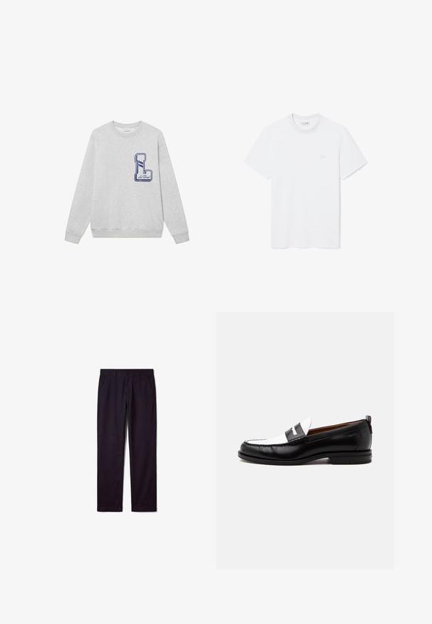 Grijze sweatshirt gemaakt van een katoenmix, met een groot marineblauw geborduurd "L" logo op de borst en geribbelde manchetten en onderkant.; Effen witte T-shirt met korte mouwen, ronde hals en klein geborduurd logo op de linkerborst.; Zwarte recht gesneden broek met riemlussen, knoopsluiting en zijzakken, plat neergelegd op een witte achtergrond.; Zwart-witte leren loafer met gestikte details, lage hak en slip-on ontwerp, zijaanzicht op een egale achtergrond.