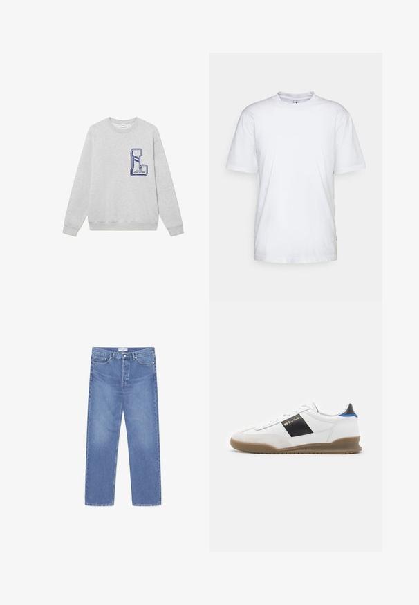 Grijze sweatshirt gemaakt van een katoenmix, met een groot marineblauw geborduurd "L" logo op de borst en geribbelde manchetten en onderkant.; Witte katoenen t-shirt met een ronde hals, korte mouwen en een rechte zoom. Heeft een klein merktag aan de linkerkant van de zijnaad.; WOOD WOOD WW TYPE 2 DENIM STRAIGHT LEG - Straight leg jeans - ocean; Witte sneaker met zwarte en blauwe accenten, bovenwerk van suède en leer, ronde neus, platte rubberen zool en gouden merkteken aan de zijkant.