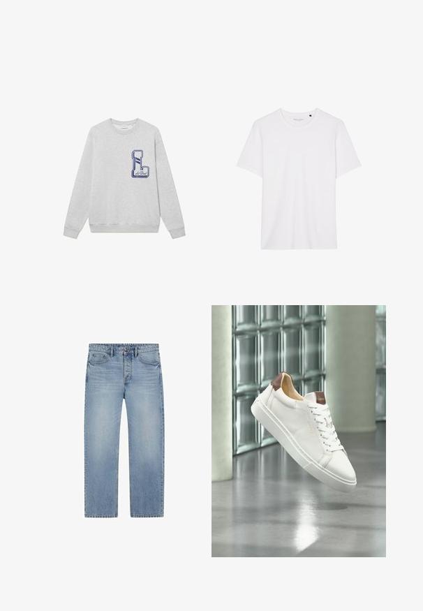 Grauer Sweatshirt aus Baumwollmischung mit einem großen, navyblau gestickten "L"-Logo auf der Brust sowie gerippten Bündchen und Saum.; Weißes T-Shirt mit kurzen Ärmeln aus weichem Baumwollstoff. Verfügt über einen klassischen Rundhalsausschnitt und ein schlichtes, unauffälliges Design.; Hellblaue Jeans aus Denim mit geradem Bein, klassischem Fünf-Taschen-Design, Knopfverschluss und dezenten Verwaschungen.; Weißer Ledersneaker mit braunen Akzenten und weißen Schnürsenkeln, der über einem glänzenden Betonboden mit Glasbausteinfenstern im Hintergrund schwebt.