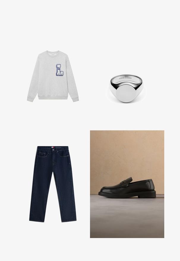 Grijze sweatshirt gemaakt van een katoenmix, met een groot marineblauw geborduurd "L" logo op de borst en geribbelde manchetten en onderkant.; Donkerblauwe jeans met rechte pijpen, voorzakken, knoopsluiting en een klein logo op het rechter muntzakje.; Zwarte leren loafer die boven een beige geweven kleed zweeft, met een houten ronde tafel en een bank op de achtergrond.; Zilveren ring met een glad, afgerond ontwerp. Beschikt over een platte, ronde bovenkant en gepolijste randen. Reflecterend oppervlak versterkt de visuele impact.