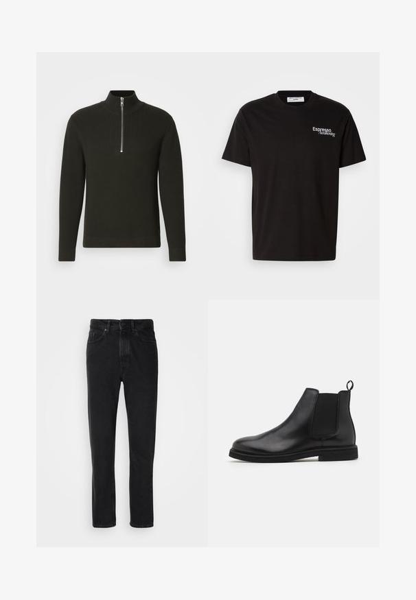 Sort ribbet striktrøje med høj krave og kort lynlås, med lange ærmer og tætsiddende pasform.; Sort bomulds T-shirt med korte ærmer, med hvid tekst der læser "Espresso Awakening" på venstre brystområde. Lige pasform.; Sorte denim jeans med lige ben-design, med knap- og lynlåslukning, forlommer og subtile teksturer.; Sorte læder Chelsea støvler med elastiske sidepaneler og en træksløjfe. Rund tå og flad gummisål, der fremviser en glat finish.