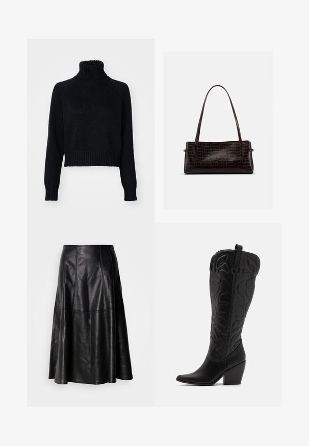 Mørk strikket turtleneck sweater med et cropped design, der har ribbede manchetter og kant, samt en tekstureret vævning gennem hele. ; Sort lædernederdel med en flagrende silhuet, der har synlige sømme og en glat tekstur. Mellemlang design med en klassisk snit.; Sorte knæhøje støvler i læder med spids snude og lagdelt hæl. Har dekorative syninger og buede designelementer.; Rektangulær mørkebrun håndtaske med præget krokodilletekstur og to tynde skulderremme mod en ensfarvet baggrund.