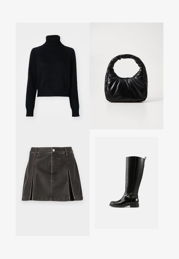 Mørk strikket turtleneck sweater med et cropped design, der har ribbede manchetter og kant, samt en tekstureret vævning gennem hele. ; Sort faux læder nederdel med høj talje, udsmykket med syede detaljer og sidelæg. Metalknaplukning foran.; Sorte knæhøje støvler lavet af blankt læder med en sølvfarvet spænde ved anklen og rundet snude. Flad sål.; Sort polstret håndtaske med et rundt håndtag, der har en glat, skinnende overflade og en blød, kviltet tekstur. Ingen synlige hardware eller accenter.