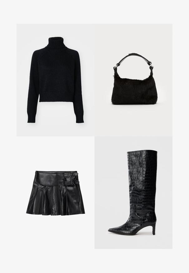 Mørk strikket turtleneck sweater med et cropped design, der har ribbede manchetter og kant, samt en tekstureret vævning gennem hele. ; Sort læderskirt med pliser, bred talje og to spænde-accenter på siden. Glat tekstur med en blank finish.; Sorte knæhøje støvler med en blank, krokodillemønstret tekstur, spids tå og en affaset hæl. Glat syntetisk materiale.; Sort faux fur håndtaske med en blød tekstur, rund form og en robust skulderrem i sort læder. Synlige sølvhardware-detaljer.