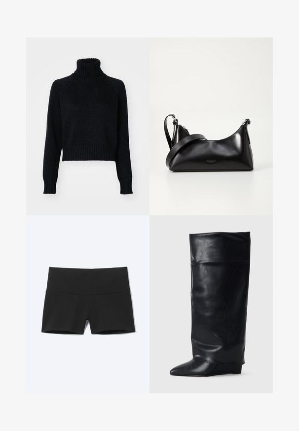 Mørk strikket turtleneck sweater med et cropped design, der har ribbede manchetter og kant, samt en tekstureret vævning gennem hele. ; Sorte atletikshorts med bred linning, designet til komfort og fleksibilitet.; Sort læder ankelstøvle med forlænget skaft, spidse tæer og lav kilehæl. Overfladen har en glat, blank tekstur.; Sort læderhåndtaske med en glat tekstur. Har en justerbar stropp og et enkelt, minimalistisk design med lynlås.