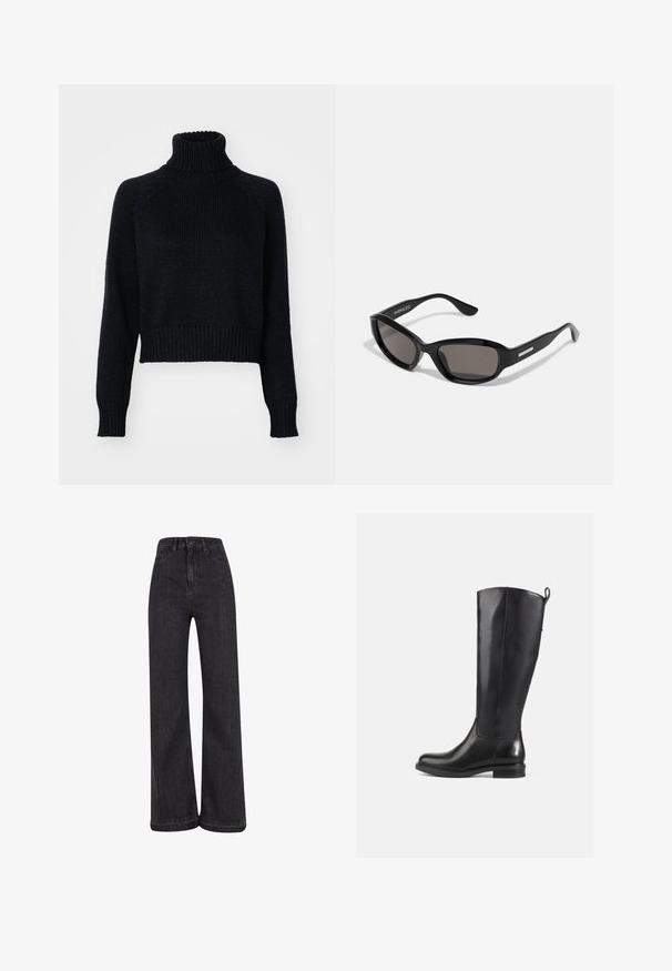 Pull en laine à col roulé sombre avec un design court, doté de poignets et d'un ourlet côtelés, et d'un tissage texturé sur l'ensemble.; Jean en denim noir taille haute et jambes larges avec une texture lisse et des détails de couture minimalistes, doté d'une fermeture à bouton à l'avant.; Bottes en cuir noir jusqu'au genou avec une finition lisse, bout rond, talon bas et une languette à l'arrière. Design minimaliste sans motifs visibles.; Lunettes de soleil noires avec une monture rectangulaire, des verres sombres, un matériau plastique lisse et un accent métallique sur la branche.