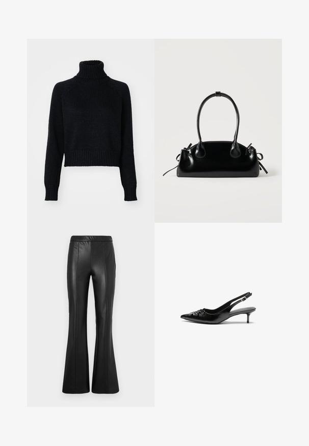 Mørk strikket turtleneck sweater med et cropped design, der har ribbede manchetter og kant, samt en tekstureret vævning gennem hele. ; ONLY ONLJESSIE PANTS - Bukser - black; Sorte læder slingback-pumps med spids tå, lav kitten-hæl og rynket detalje på overdelen. Glat tekstur og minimalistisk design.; Lille sort blank håndtaske med to lange håndtag og snøre-detaljer i siden på en ensfarvet lys baggrund.