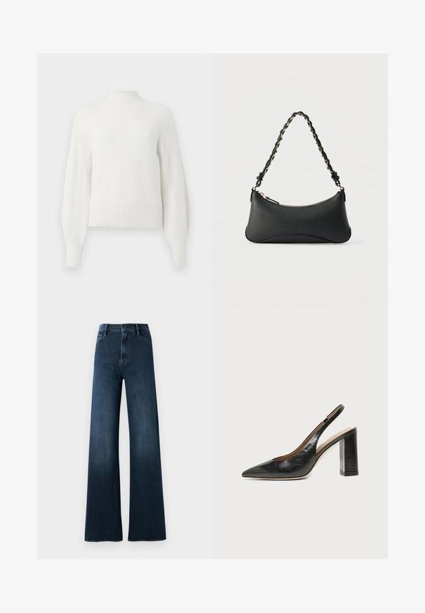 Pull en maille côtelée blanche avec de longues manches bouffantes et un col montant court, présenté sur un fond uni.; Jeans larges de couleur bleu foncé en denim. Dotés d'une taille haute, de poches avant, d'une fermeture à bouton et d'un détail de couture minimal.; Chaussure slingback en cuir noir à bout pointu avec un talon bloc haut et une doublure intérieure beige sur un fond clair uni.; Sac à bandoulière en cuir noir de forme rectangulaire incurvée, avec une chaîne dorée tissée dans la bandoulière noire tressée et une fermeture éclair sur le dessus.