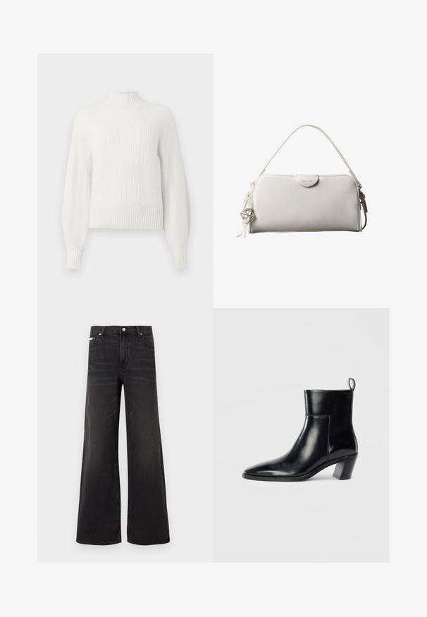 Pull en maille côtelée blanche avec de longues manches bouffantes et un col montant court, présenté sur un fond uni.; Jean en denim noir à jambes larges avec fermeture avant par bouton et zip, passants pour ceinture, et style cinq poches.; Bottine en cuir noir avec un bout pointu, un talon empilé géométrique et une languette à l'arrière. Texture lisse et design épuré.; Sac à main rectangulaire blanc Calvin Klein avec une seule poignée, design minimaliste et pampilles décoratives avec un charm métallique géométrique sur le côté.