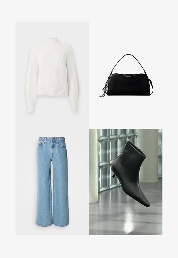 Pull en maille côtelée blanche avec de longues manches bouffantes et un col montant court, présenté sur un fond uni.; Jean large bleu clair en denim, avec une taille haute, un design à cinq poches et un léger dégradé sur le tissu.; Bottine en cuir noir à bout pointu et petit talon kitten, présentée en angle devant un sol poli et un mur en blocs de verre.; Sac à main rectangulaire noir Calvin Klein avec une seule sangle supérieure, un charm logo argenté et une petite fermeture à rabat sur le devant.