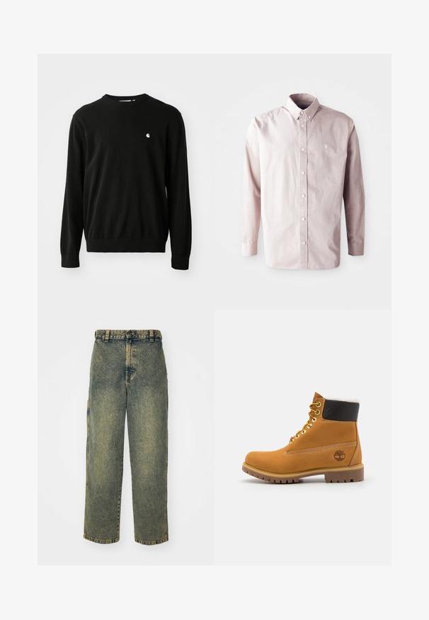 Pull en coton noir avec des manches longues, un col rond, des poignets et un ourlet côtelés. Présente un petit logo blanc du côté de la poitrine.; Chemise à manches longues rose clair à boutons, en coton, dotée d'un col classique, de boutons sur le devant et d'un petit logo sur la poitrine gauche.; Jeans en denim ample avec un délavage bleu et vert. Comprend une fermeture à bouton, des passants de ceinture et des poches latérales. Pas de pli à l'avant et design à jambe droite.; Bottine en cuir brun avec œillets en métal, doublure en fourrure blanche, col rembourré noir, semelle robuste et logo en relief sur le côté.