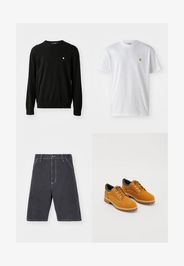 Pull en coton noir avec des manches longues, un col rond, des poignets et un ourlet côtelés. Présente un petit logo blanc du côté de la poitrine.; T-shirt en coton blanc à manches courtes, col rond, avec un petit logo doré sur la poitrine gauche. Texture douce et coupe régulière.; Shorts en denim gris foncé avec une coupe décontractée, dotés d'une fermeture à bouton, de passants de ceinture et de coutures blanches discrètes. Poches non visibles.; Chaussures en daim marron avec un bout rond, des lacets jaunes, un col rembourré noir et des semelles en caoutchouc avec des rainures de traction.