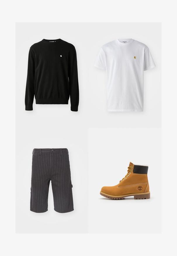 Pull en coton noir avec des manches longues, un col rond, des poignets et un ourlet côtelés. Présente un petit logo blanc du côté de la poitrine.; T-shirt en coton blanc à manches courtes, col rond, avec un petit logo doré sur la poitrine gauche. Texture douce et coupe régulière.; Shorts noirs à rayures avec une coupe droite, dotés d'une fermeture à bouton et de poches latérales, fabriqués en tissu en mélange de coton texturé.; Bottine en cuir brun avec œillets en métal, doublure en fourrure blanche, col rembourré noir, semelle robuste et logo en relief sur le côté.