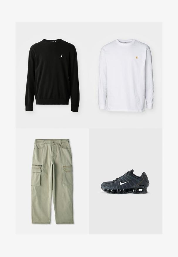 Zwarte katoenen trui met lange mouwen, ronde halslijn, geribde manchetten en onderkant. Heeft een klein wit logo aan de zijkant van de borst.; Witte lange mouwen t-shirt van katoen. Voorzien van een klein gouden logo op de borst en een ronde hals. Eenvoudig ontwerp en standaard pasvorm.; Khaki cargobroek met een lose pasvorm, gemaakt van katoen, voorzien van twee zijvakjes en een ritszak op het linkerbeen.; Zwarte Nike hardloopschoen met witte swoosh, gevoerde segmenten in de zool en ademend bovendeel van mesh, op een effen grijze achtergrond.