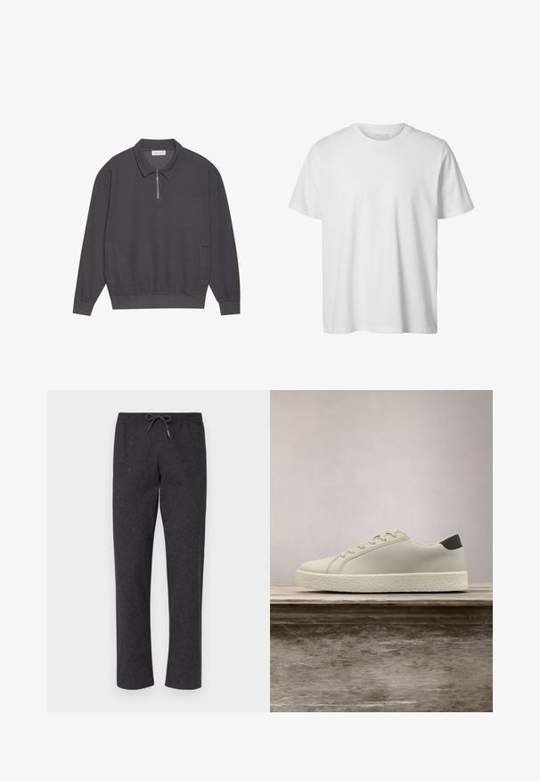 Dunkelgraues Langarm-Polohemd mit Reißverschlusskragen, gerippter Textur, elastischen Bündchen und Seitentaschen. Lässiges und vielseitiges Design.; Schlichtes weißes T-Shirt mit kurzen Ärmeln und Rundhalsausschnitt, lässiger Passform und ohne sichtbare Logos oder Designs auf der Vorderseite.; Dunkelgraue, weiche Stoffhosen mit elastischem Bund und Kordelzug. Gerades Bein-Design, keine Taschen, glatte Textur und einfache Konstruktion.; Weißer Sneaker mit strukturierter Sohle und schwarzem Absatzdetail, schwebend über einer Holzbank mit hohem grünem Gras im Hintergrund.