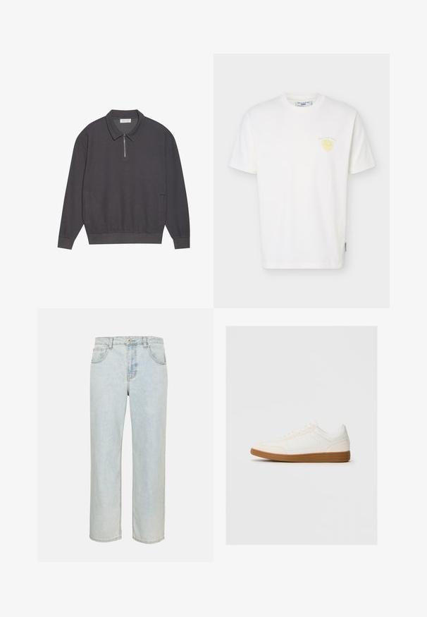 Polo à manches longues gris foncé avec un col zippé, texture côtelée, poignets élastiqués et poches latérales. Design décontracté et polyvalent.; T-shirt blanc à manches courtes avec col rond, petit motif de fruit jaune et texte "Marc O’Polo Denim" sur le côté gauche de la poitrine.; Jean denim bleu clair droit avec poches avant, passants de ceinture et fermeture par bouton sur un fond uni.; Baskets blanches avec un capuchon en daim, un dessus en synthétique lisse et une semelle en caoutchouc marron. Présente des perforations sur les côtés pour une meilleure respirabilité.
