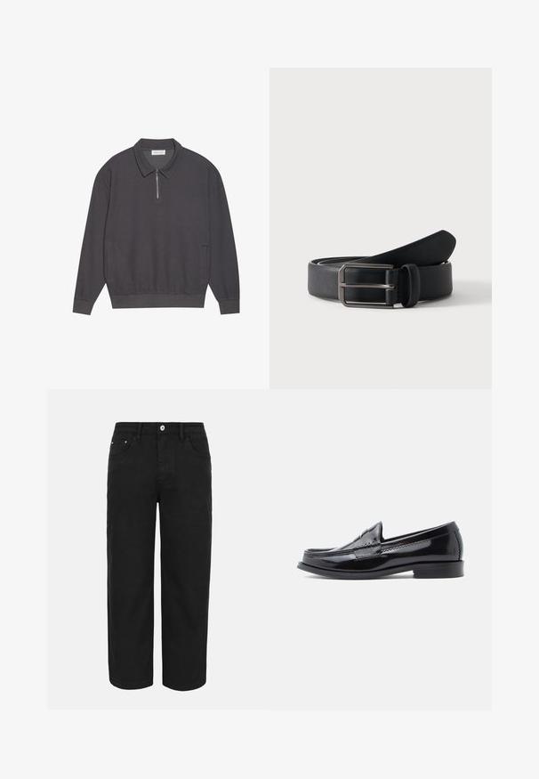Dunkelgraues Langarm-Polohemd mit Reißverschlusskragen, gerippter Textur, elastischen Bündchen und Seitentaschen. Lässiges und vielseitiges Design.; Schwarze gerade geschnittene Hose mit vorderer Knopf- und Reißverschluss, Gürtelschlaufen und drei vorderen Taschen auf hellem einfarbigem Hintergrund.; Schwarzer Lackleder-Slipper mit abgerundetem Zehenbereich, Ziernähten und einem niedrigen Blockabsatz. Glatte Oberfläche mit dezentem Glanz.; Schwarzer Ledergürtel, zusammengerollt mit rechteckiger silberner Metallschnalle auf schlicht hellem Hintergrund.